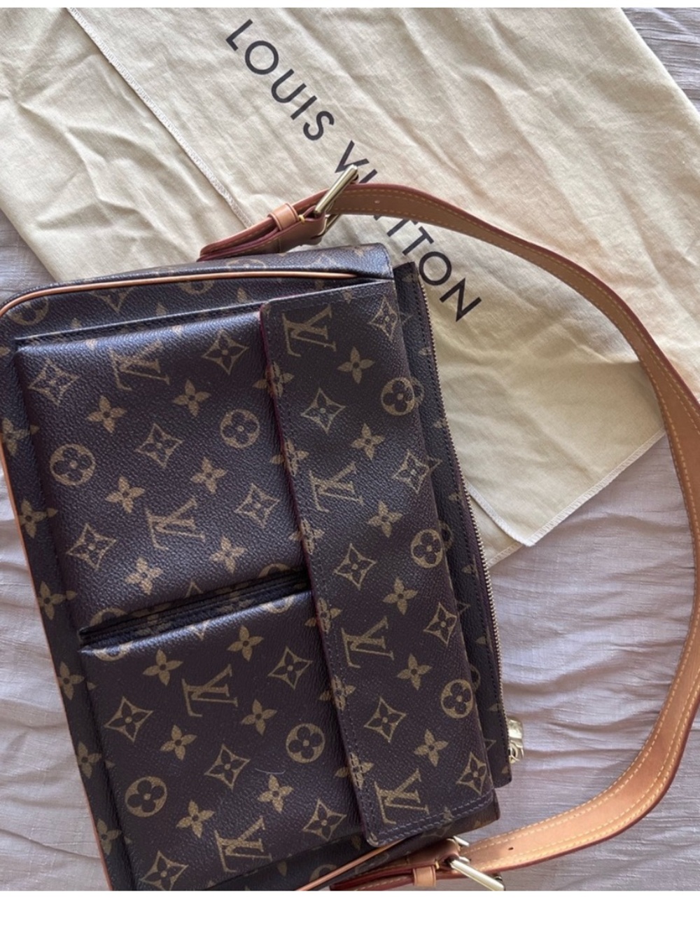 Louis Vuitton Brown Monogram Crossbody with Red Interior and Teal Snap Accents